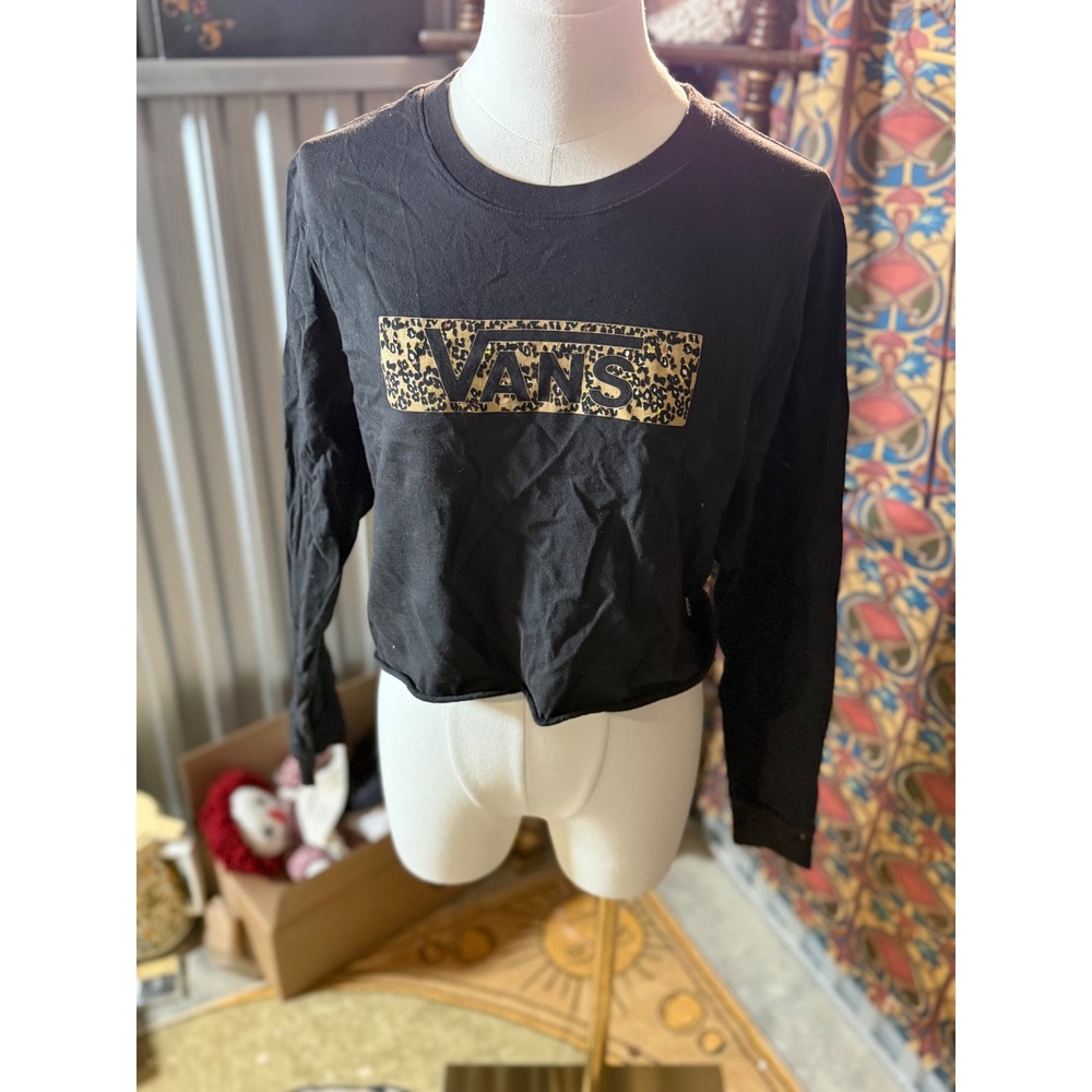 Vans Womens Black Leopard Print Box Logo Cropped Long Sleeve‎ T-Shirt Large